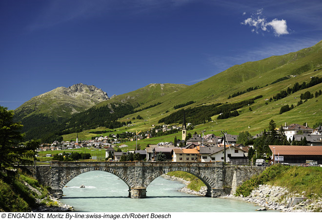 Blick auf den Ort Zuoz, Sommer